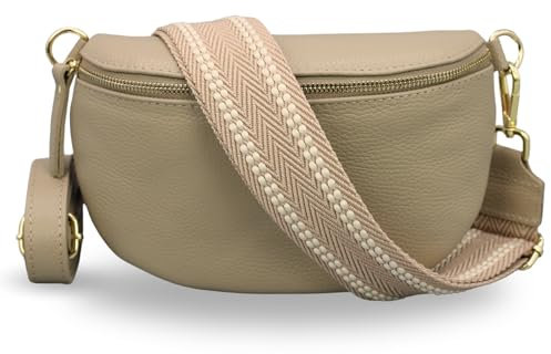 ADEL Bauchtasche Damen Echtleder Emma Gold Handgemachte Umhängetasche Crossbody Bag mit Optionalen Breiten Gemusterten Riemen Stylische Hüfttasche Made in Italy (Taupe-Gold 3, Small)