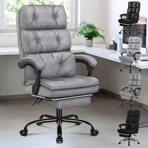 ALFORDSON Bürostuhl, Ergonomischer Computer-Schreibtischstuhl mit Fußstütze, Dreipolsterige Form eines Netzstuhls mit Hoher Rückenlehne, 150° Neigbarer Liege, Stoffmaterial, Grau