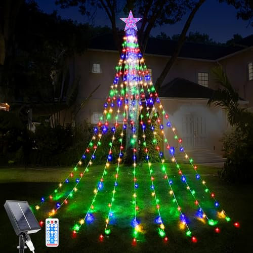 WoskjXas Luces Arbol Navidad con Estrella, 9 Piezas 2M 198LEDs Solar Guirnalda de Luces de Navidad con Control Remoto, 8 Modos Impermeable Cascada Luces, Luces de Navidad Decorativas