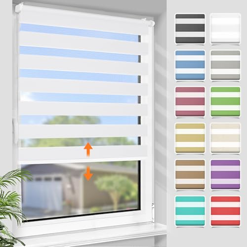 SBARTAR Doppelrollo schnurlos Klemmfix Rollos für Fenster ohne Bohren & zum Bohren, Reinweiß B80 x H120 cm, Drücken Und Ziehen Springrollos, Lichtdurchlässig Aber Blickdicht Mittelzugrollo