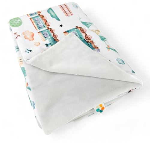 PLUMERI Babydecke Minky 50x75 cm, Lokomotive, für Autositz & Kinderwagen | Zwei Stofflagen ohne zusätzliche Füllung, Baumwollseite mit Motiv, Minky-Seite aus Polyester, Kompakt für unterwegs