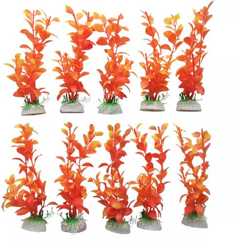 Finest-Filters 10 Pack Aquarium Fish Tank 8 Plastic Plants for Aquarium Decoration Decor in Multiple Plant Styles & Vibrant Colour Plants For Freshwater & Marine Aquariums (Orange)
