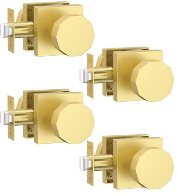 Asidrama 4 Pack Privacy Gold Door Knob with Lock, Brush Gold Door Knobs Interior for Bedroom or Bathroom, Heavy Duty Brush Gold Door Handle for Left Right Sided Doors