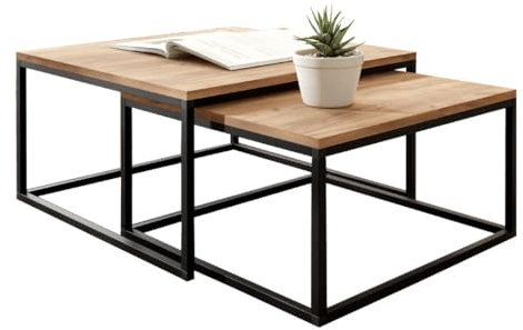 KIER FURNITURE Couchtisch 2er Set - Beistelltisch Sofa - Wohnzimmer Tisch 75x75 und 65x65 cm - LOFTI Sofatisch Quadratisch, Industrial Style, Beine Metall Schwarz - Eiche Handwerk Gold