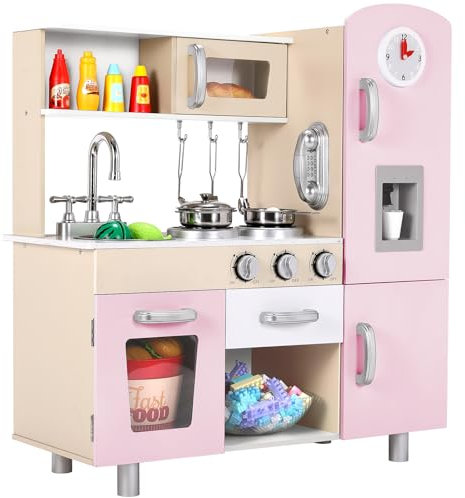 Cocina Infantil, Cocina Juguete Madera, Cocina Madera 81x74x30 cm, con Efectos de Luz y Sonido Simulados, Cocinitas de Madera, Equipada con Accesorios de Cocina, Cocina de Juguete, Color Rosa
