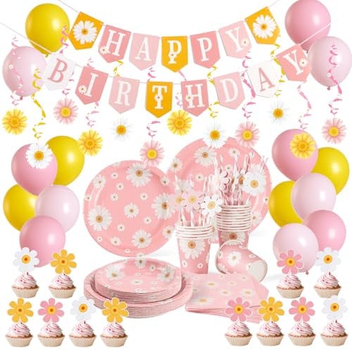 SUNBEAUTY Lot de 116 pièces de vaisselle de fête en forme de marguerites blanches, avec assiettes en papier, gobelets en carton, serviettes, ballons pour enfants