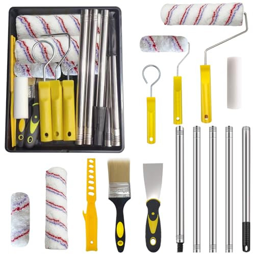 HpCuales 13pcs Paint Roller Set,Paint Rollers & Tray Set with Extension Pole,Includes a Paint Tray,Brush,Large and Mini Rollers & Sleeves,Paint Mixer,Scraper,Washing Rack,for Painting Walls & Ceilings