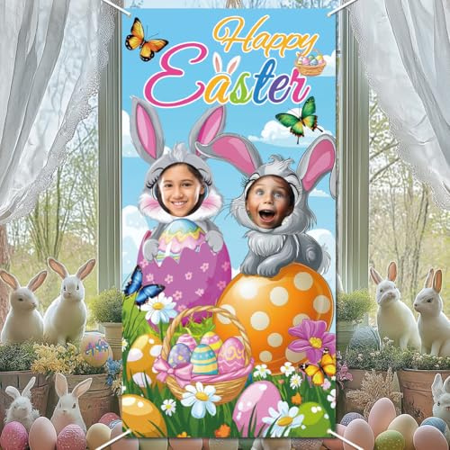 WADORN Frohe Ostern Fotorequisiten Banner, Lustiger Osterhasen Fotohintergrund Osterei Hasengesichtshintergrund Im Loch Hängendes Banner Mit Seil Für Osterparty Ostern Aktivitäten, 90x180cm