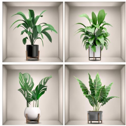 Graplan 4 Stück 3D Wandsticker Vase Wandtattoo, 3D Vase Wandaufkleber, Wandtattoo Pflanzen, Grüne Pflanze Wandsticker, Pflanze Blumen Wandbilder für Wohnzimmer Schlafzimmer Badezimmer Küche Büro Dekor