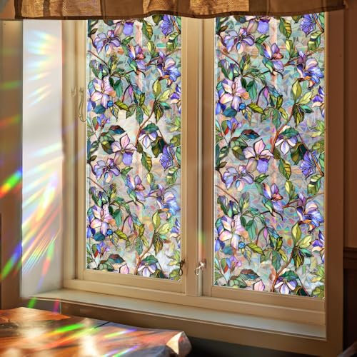 Milchglasfolie 43x100 cm Lila Blumenmuster Fensterfolie Badezimmer Sichtschutzfolie Fenster Büro Fensterfolie Blickdicht Wiederverwendbar Folie Fenster Sichtschutz Fenster Folie 1 Stück