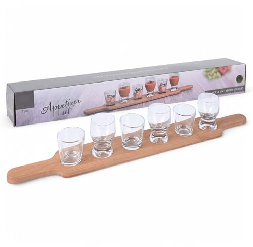 MIJOMA Set de service 7 pièces – Longue planche en bambou avec 6 verres de service – Parfait pour tapas, sauces, desserts et shots – Décoration de table élégante