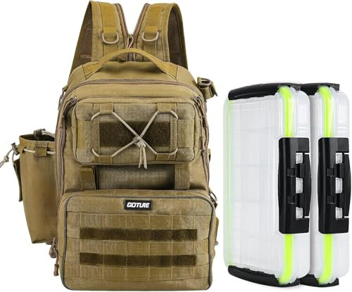 Goture Angelrucksack, Angelzubehör-Rucksack mit Rutenhalter 2 Köderbox, Tasche für Salzwasser- und Süßwasserfischen Angeltasche mit Boxen