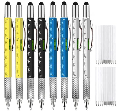 8Pcs 6 in 1 Multitool Pens Gifts for Men Cool Tech Tool Pen EDC Gadgets Screwdriver with Ruler Level Stylus Ballpoint Unique Men (Black Yellow Silver Blue)