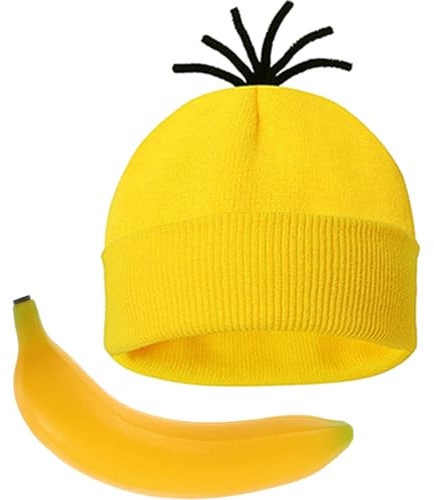 ZOOMPIL Gelb Strickmütze für Erwachsene, Gelbe Beanie Hüte und Bananen-Requisiten, Gelbes Kostümzubehör für Erwachsene, Partykostüme für Halloween, Cosplay, Partyzubehör