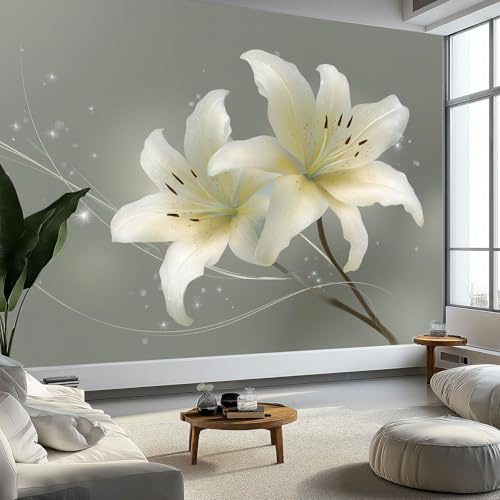 Flowers White Lilies Mural Wallpaper 200 x 140 cm, Wall Decoration Paper Poster Bohemian Elegant and Luxurious for Teen Kids Bedroom Playroom Home Decoration Wallpaper