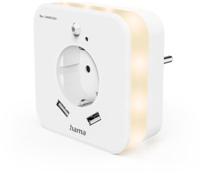 Hama LED Nachtlicht mit Bewegungsmelder und Steckdose, 2x USB A | Orientierungslicht weiß, Steckdosenlicht mit Lichtsensor, Abschaltautomatik, für Babys, Kinder, Erwachsene, Schlummerlicht