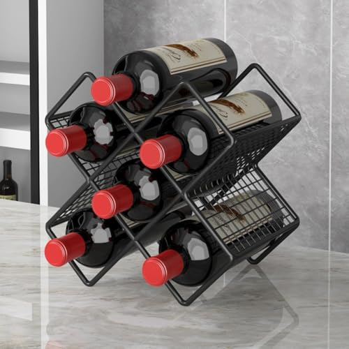 Metal Wine Storage Rack with Diamond Style for Horizontal Bottle Placement, Wrought Iron Countertop Holder Fits Kitchen or Dining Area, Space-Saving and Organizer for Wine(Black)