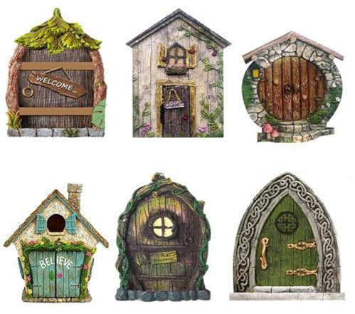 Fairy House Kit, 6PCS/Set Fairy Door 3D Sculpture Miniature House Kit Wooden Doors for Trees Outdoor Funny DIY Accessories Lawn Home Wall Ornament, Door
