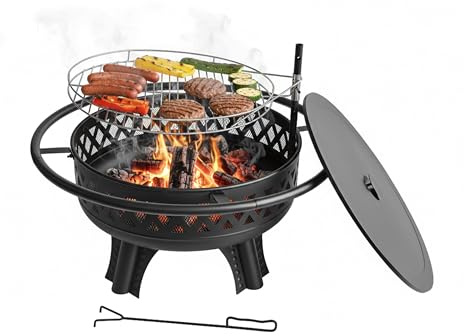 Relaxdays Feuerschale, Ø 80,5 cm, Verstellbarer Grillrost, Deckel & Schürhaken, Feuerstelle Garten, Feuerkorb, schwarz