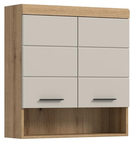 furnling Hängeschrank Scott, Matte Kaschmir Front, 1 offenes Fach, 2 Türen, 2 Fächer, Badschrank mit verstellbarem Einlegeboden, Breite 74 cm, Korpus Evoak Oak