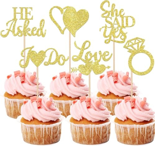 24 Pack He Asked She Said Yes Cupcake Toppers Glitter Love Heart I do Ring Cupcake Food Picks for Wedding Engagement Bridal Shower Party Cake Decorations Supplies Gold