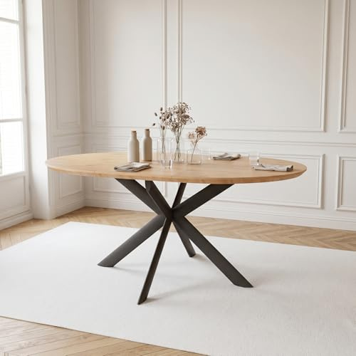 JIEXI Table à manger extensible ronde, plateau en chêne avec pieds en métal, 110 cm - 150 cm, surface hydrofuge