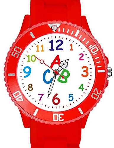 Taffstyle Kinder Armbanduhr Silikon Sportuhr Bunte Sport Uhr Kinderuhr Lernuhr Zahlen ABC Motiv Analog Rot