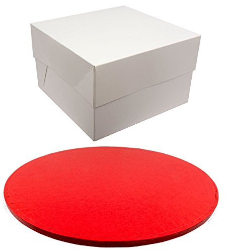 Round Coloured Drum Cake Board and White Transporting Box (10 Inch, Red)