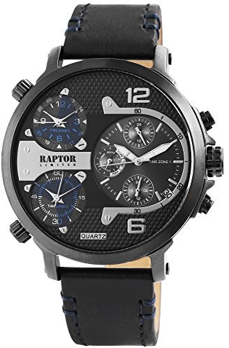 Raptor Limited Herren-Uhr Leder Armbanduhr grau schwarz 3 Zeitzonen 24 Std. Anzeige Tachymeter Datums-/ Wochentaganzeige