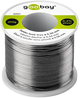 Goobay 40851 - Estaño para soldar sin plomo; ø 0,56 mm, 250 g de soldadura de marca respetuosa con el medio ambiente con un contenido de plata (Ag) de 0,3%