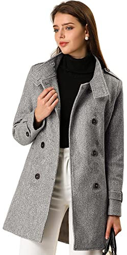 Allegra K Women's Stand Collar Double Breasted Pockets Trendy Outwear Winter Coat with Belt Gray 12
