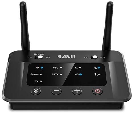 1Mii Transmisor Receptor Bluetooth 5.3 para TV, Adaptador Emisor Audio Bluetooth aptX Baja Latencia &Hi-Fi, con Salida/Entrada Óptica/RCA/AUX, Doble Enlace a 2 Auriculares BT, Estéreo, Largo Alcance