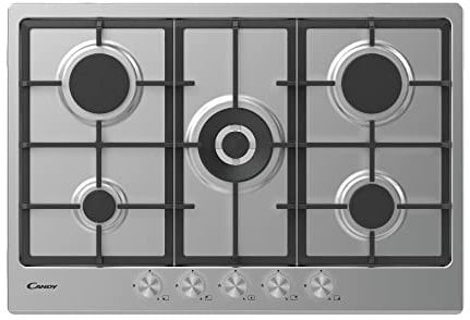 Candy CHG74WPX, Placa Gas, 5 Fuegos, 75CM integrable en hueco 60CM, Gas Natural adaptable a Gas Butano, 12,15KW, 3 Rejillas aptas para lavavajillas, Válvula Seguridad Sicurflame, Acero inoxidable