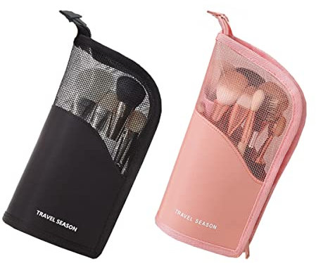 2 PCS Make-up Pinsel Tasche,Zodors Reise Kosmetik Halter Make Up Bürsten Tasche Damen Schminktasche Lippenstift Augenbrauenstift Highlight Stick Tragbare Make Up Tool Aufbewahrungstasche(Schwarz Pink)