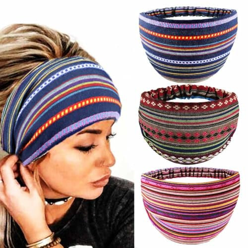 Zoestar Boho-Stirnbänder, breit, Yoga, gestreift, Vintage-Turban, Bandeau-Kopftuch, dehnbar, stilvolle Haarbänder für Damen und Mädchen (3 Stück) (B)