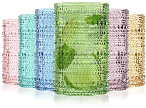 ZOOFOX Set of 6 Vintage Drink Glasses, 13 Oz Colored Hobnail Glasses Tumbler, Embossed Design Glass Tumblers Set for Water, Beverages, Juice, Beer, Cocktail, Whiskey, Milk