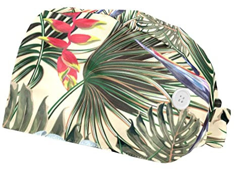 Working Cap with Button, 2 Pcs Adjustable Tie Back Hat Sweatband Hair Cover for Women Men, Vintage Tropical Palm Floral Plant