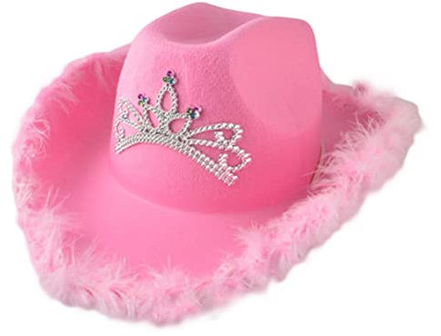Bagima Filz-Cowboy-Hut für Frauen, rosa Cowboy-Hut mit Zugband am Hals, Disco-Cowgirl-Hut, Feder-Cowboy-Hut, Halloween-Party-Kostüme