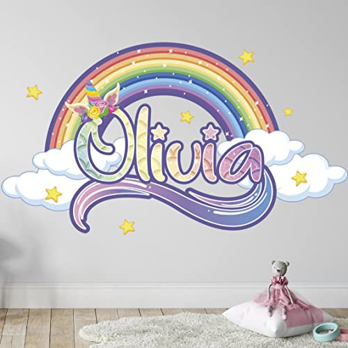 Personalisierter Regenbogen Wandsticker für Mädchenzimmer - Einhorn Wandsticker - Baby Mädchen Zimmer Wandsticker - Großer Regenbogen Wandsticker - Wandsticker mit personalisierbarem Namen