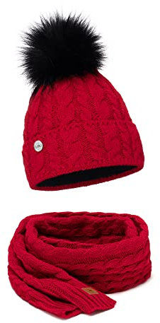 ELIMELI® Mütze Schal Damen Winter Kombi Set - Warme Strickmütze Wintermütze Mit Bommel und Passender Schal - Slouch Strick Beanie Bommelmütze (Rot - Set)