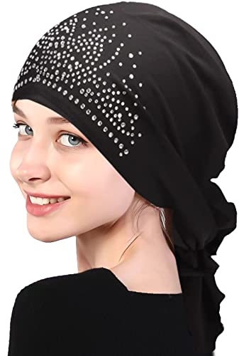 Kopftuch für Frauen Kopfbedeckung Damen Chemo Kopfbedeckung Im Voraus Gebunden Set Plissiert Headwrap Schals Gap Mütze Damen -Schwarz