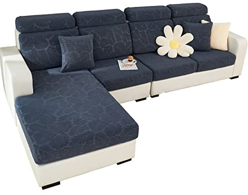 SHANNA Sofa Überzug Stretch, Couch Sofabezug 1 2 3 Sitzer L Form Ecksofa, Sofa Cover Sitzkissenbezug Sofaüberwürfe rutschfest Möbelschutz mit Elastischem Boden,(Blätter dunkelgrau, Recamiere)