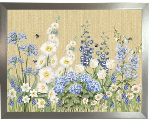 Blue and White Flower Lap Tray: Bee Lap Trays with Bean Bag cushion, Laptop Desk, Padded Eating Tray (Flower Garden Silver Frame)