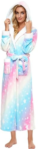 iniber Dressing Gown for Women, Soft Plush Fleece Hooded Bathrobe Comfortable Loungewear and Nightwear