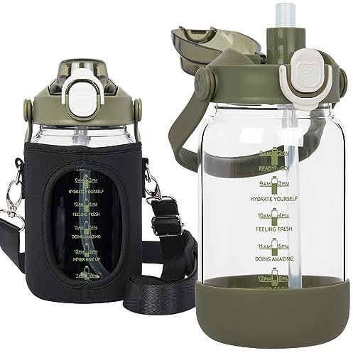 Seekua 1l Sport Gourde Verre avec Paille & Infuseur à Fruits 1 litre grande Bouteille d'eau Verre avec Marqueur de Temps & Heure de Motivation