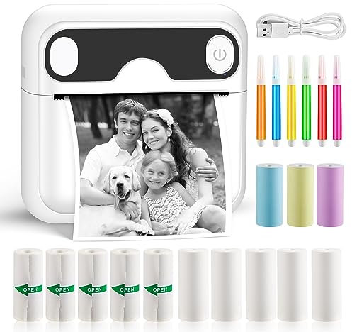 GuKKK Mini Drucker, Mobiler Fotodrucker, Tragbarer, Wireless Thermodrucker, mit 13 Rollen Druckerpapie und 6 Buntstifte, Smartphone Bluetooth Drucker, für Liste, Journal