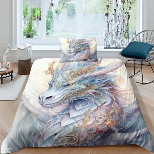 Drache Waschbar Bed Linen Sets Zip-Verschluss Drache King Bettdeckenbezug Satin Bettbezug Mit Kopfkissenbezügen Bettwäsche Set Verschiedene Größen Single（135x200cm）