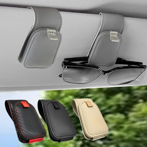 Teoenix Sunglass Holder for Car, 2 Pack Car Sunglass Holder Visor Clip Magnetic Leather Sun Glasses Eyeglass Hanger, Gray, Fit for Different Size Eyeglasses