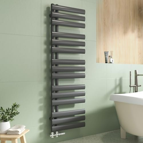 EMKE Sèche Serviettes à Eau Chaude Tube Ovale,143x40cm,Radiateur de Salle de Bains à Tube Ovale,Porte-Serviettes pour Le Chauffage de la Salle de Bain, Chauffage de l'eau Chaude,510W,Anthracite