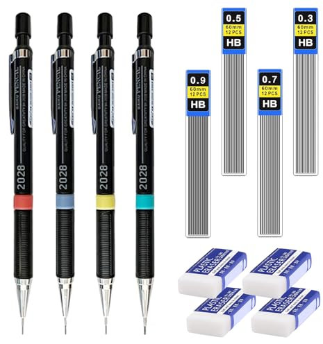 4 Stück Druckbleistifte, 4 Tuben Bleistiftmine HB Mienenbleistift und 4 Stück Radiergummi, Schwarz Mechanical Pencil für Schreiben,Hausaufgaben,Zeichnen,Skizzieren(0.3mm& 0.5mm& 0.7mm& 0.9mm)